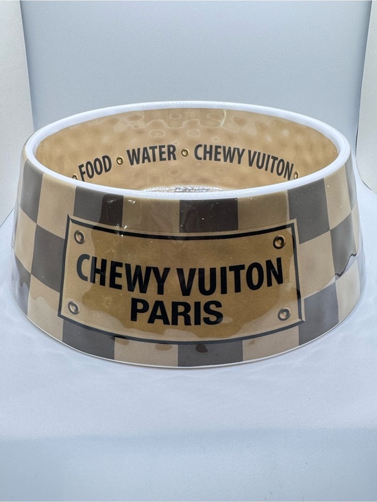 Other - Chewy Vuiton Paris Dog Bowl Tan & Brown Checkered “Luxury” Pet Food Water Bowl